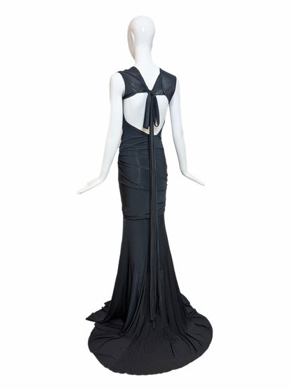 DONNA KARAN Vintage Black Ruched Extra Long Open Back Evening Gown