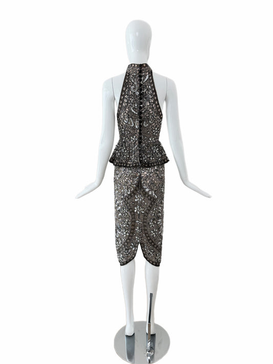 Eavis & Brown Vintage Hand-Beaded Silk Silver Embellished Skirt Set
