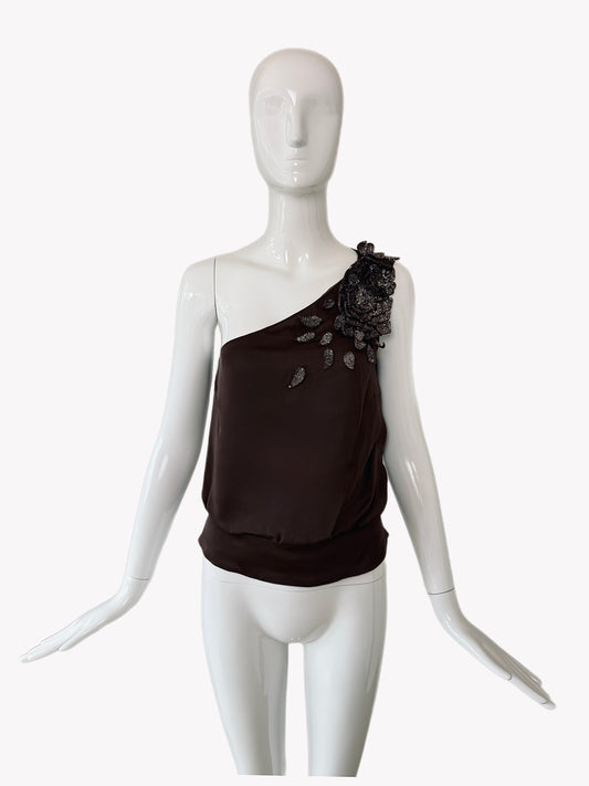 VALENTINO 00's Vintage Silk Embellished One Shoulder Blouse