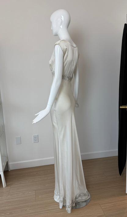 LES HABITUDES 90's Vintage Silver Grey Satin Floral Hand Beaded Antique Look Slip Gown