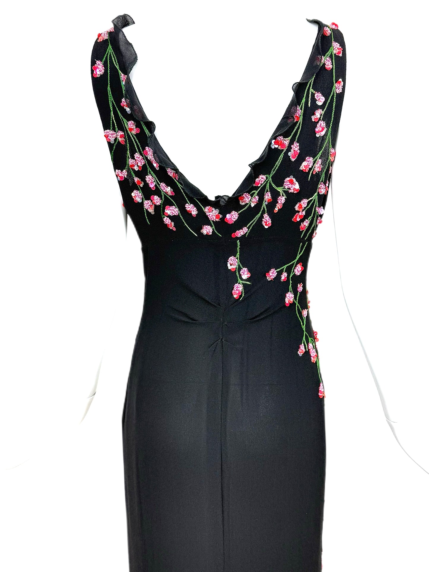 VALENTINO BOUTIQUE 90's Vintage Floral Beaded Black Silk Gown