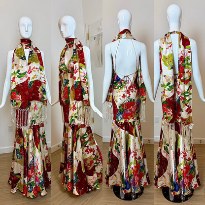 SUE WONG 2005 Vintage Runway Silk Beaded Gown w. Shawl