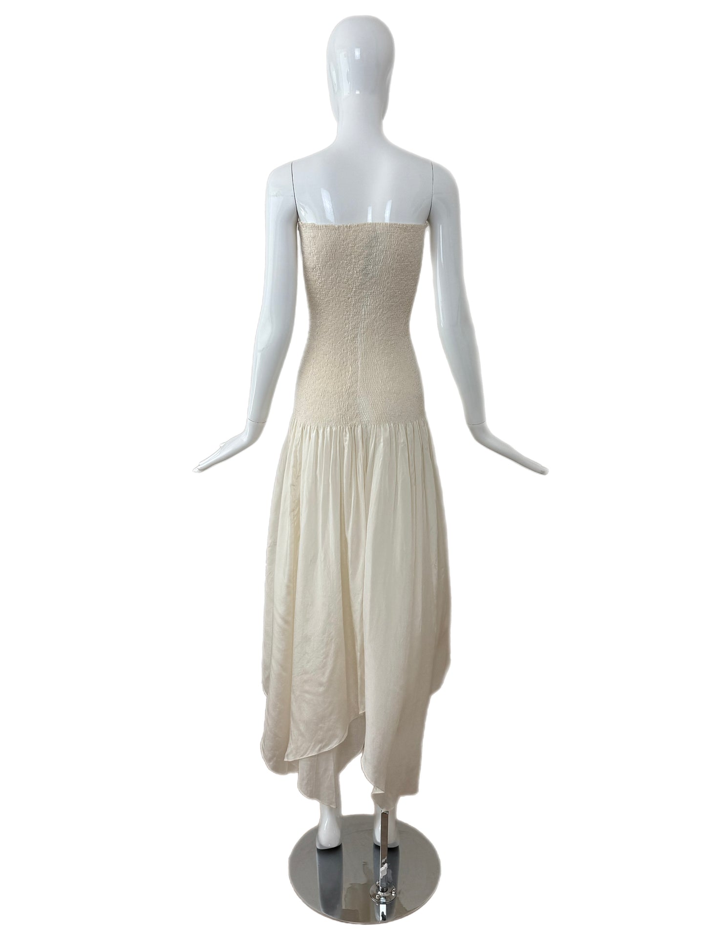 DONNA KARAN 90's Vintage Ivory Silk Smocked Long Strapless Dress