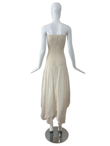 DONNA KARAN 90's Vintage Ivory Silk Smocked Long Strapless Dress