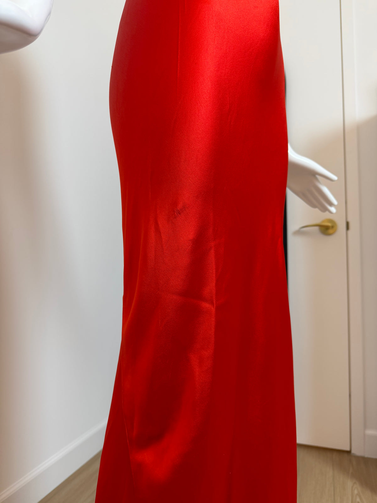DONNA KARAN 90's Vintage Red Satin Cowl Neck Evening Gown w. Train