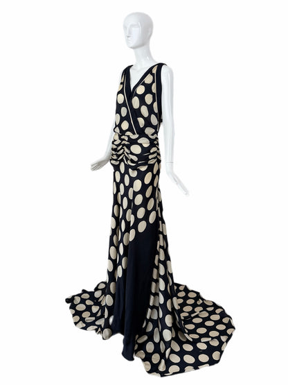 DONNA KARAN 2003 Vintage Runway Silk Midnight Blue +Ivory Polka Dot Gown