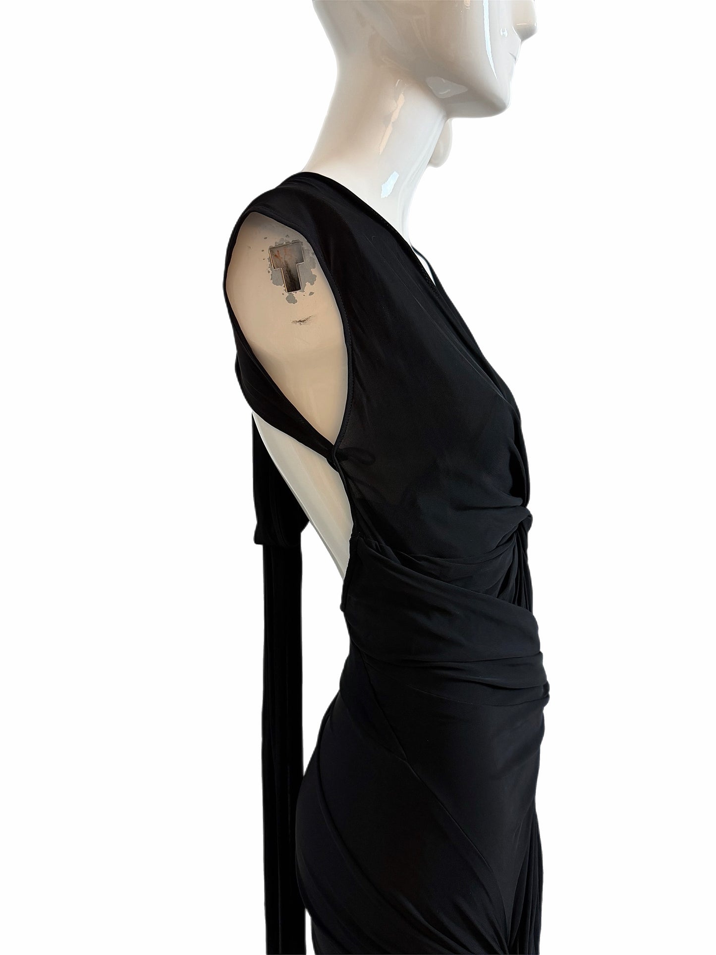 DONNA KARAN Vintage Black Ruched Extra Long Open Back Evening Gown