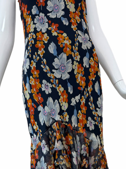 JOHN GALLIANO 2004 Vintage Silk Navy Floral Ruffle Maxi Dress