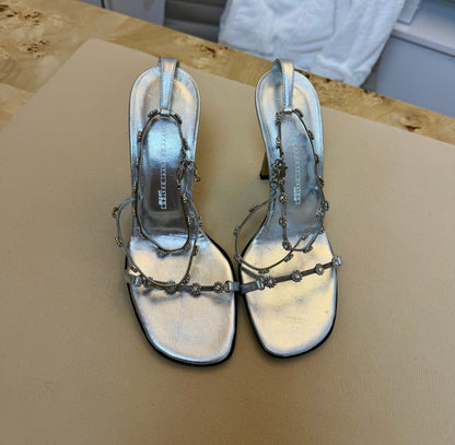 GIUSEPPE ZANOTTI 90's Vintage Silver Crystal Flower Chain Strap Sandals