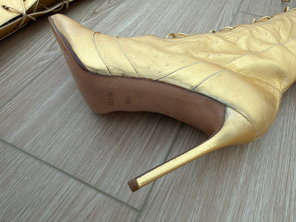 DIOR by JOHN GALLIANO 2000 Vintage Gold Leather Embossed Ostrich Print Lace Up Boots