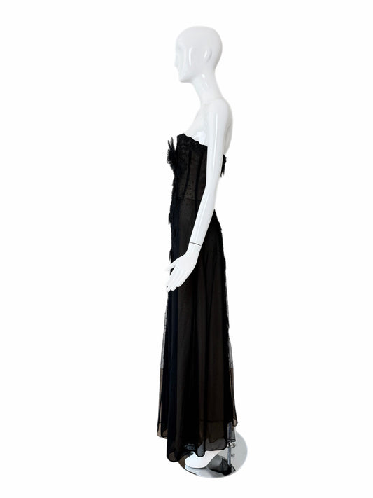 BADGLEY MISCHKA Vintage Corset Black Mesh Net Beaded Floral Motif Evening Gown