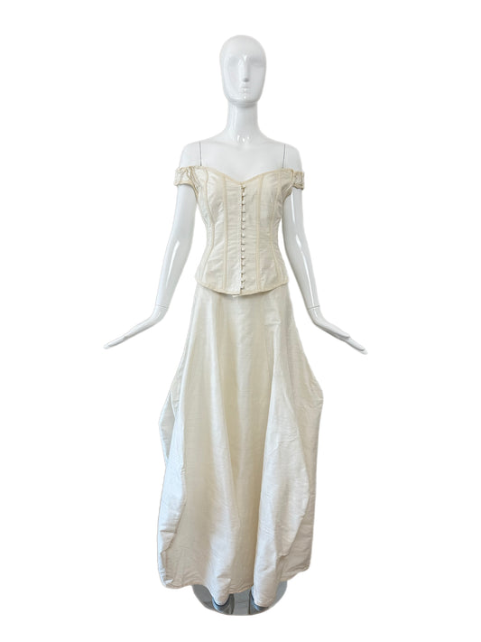 KAAT TILLEY 90's Vintage Ivory Raw Silk Corset, Skirt, & Wrap Wedding Ensemble