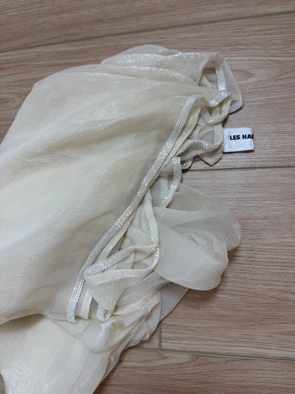 LES HABITUDES 90's Vintage Ivory Iridescent Silk Chiffon Shawl w. Iridescent White Glass Beads