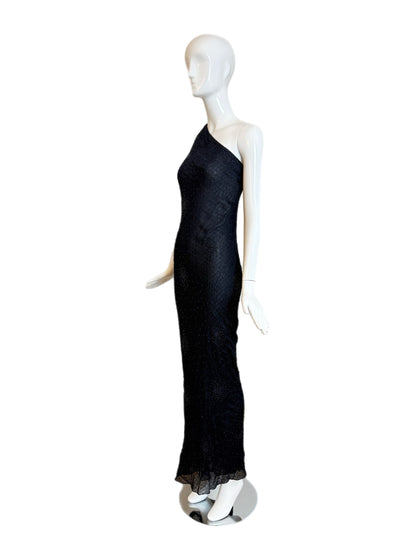 DONNA KARAN 90's Vintage Midnight Blue Beaded Asymmetrical Evening Gown