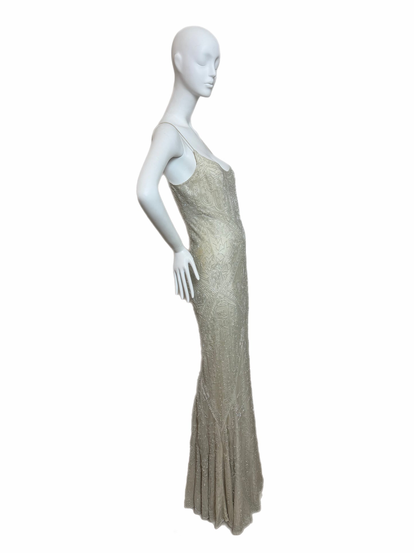 LES HABITUDES 90's Couture Vintage Iridescent Greige Silk Hand Beaded Bridal Gown
