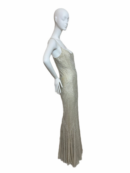 LES HABITUDES 90's Couture Vintage Iridescent Greige Silk Hand Beaded Bridal Gown