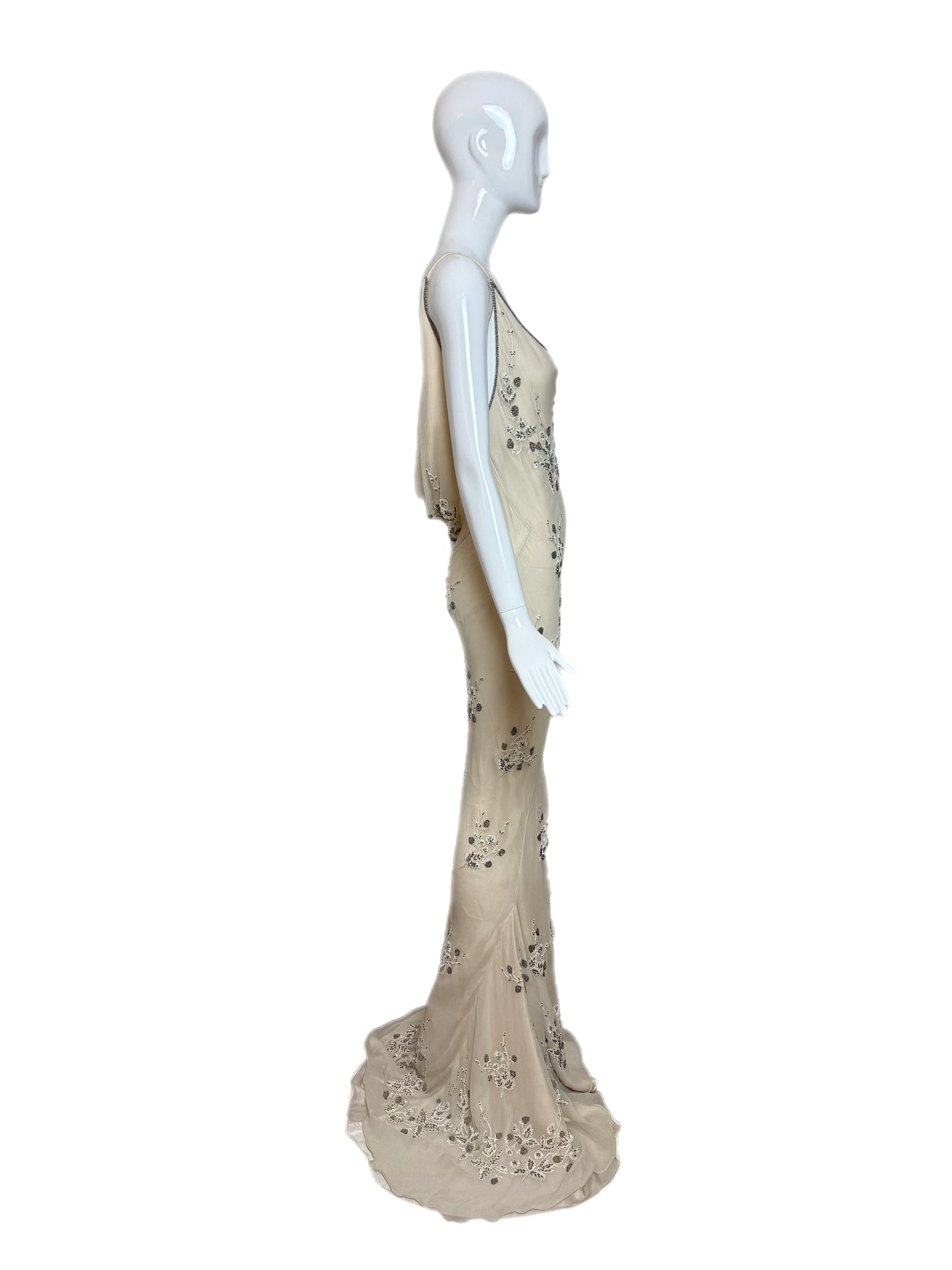 90's Vintage Couture Silk Hand Embroidered Beaded Cowl Back Evening Gown