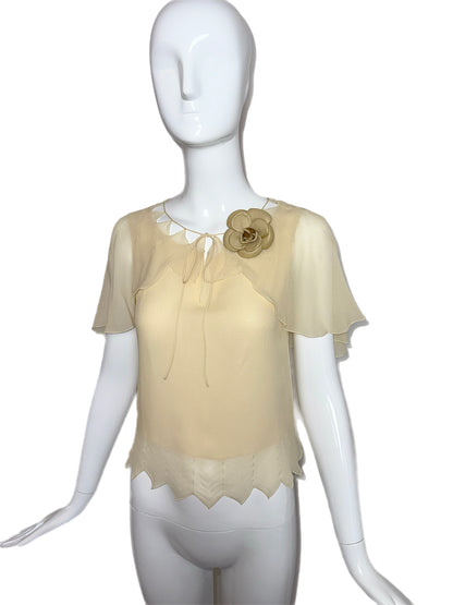 CHANEL 2003 Vintage Silk Vanilla Blouse w. Leather Camilla