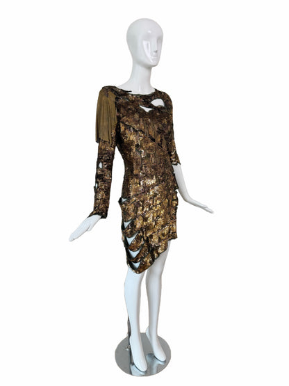 BALMAIN 2010 Vintage Runway Bronze Sequin Distressed Dress