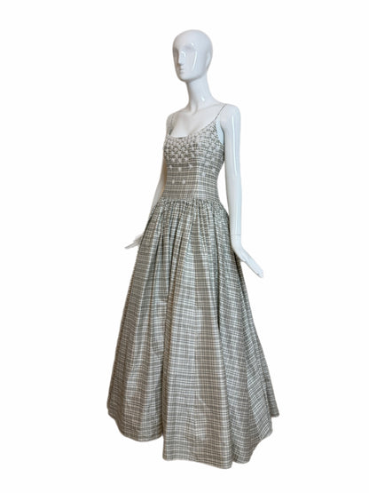 BADGLEY MISCHKA 90's Vintage Ivory Checked Silk Beaded Ball Gown
