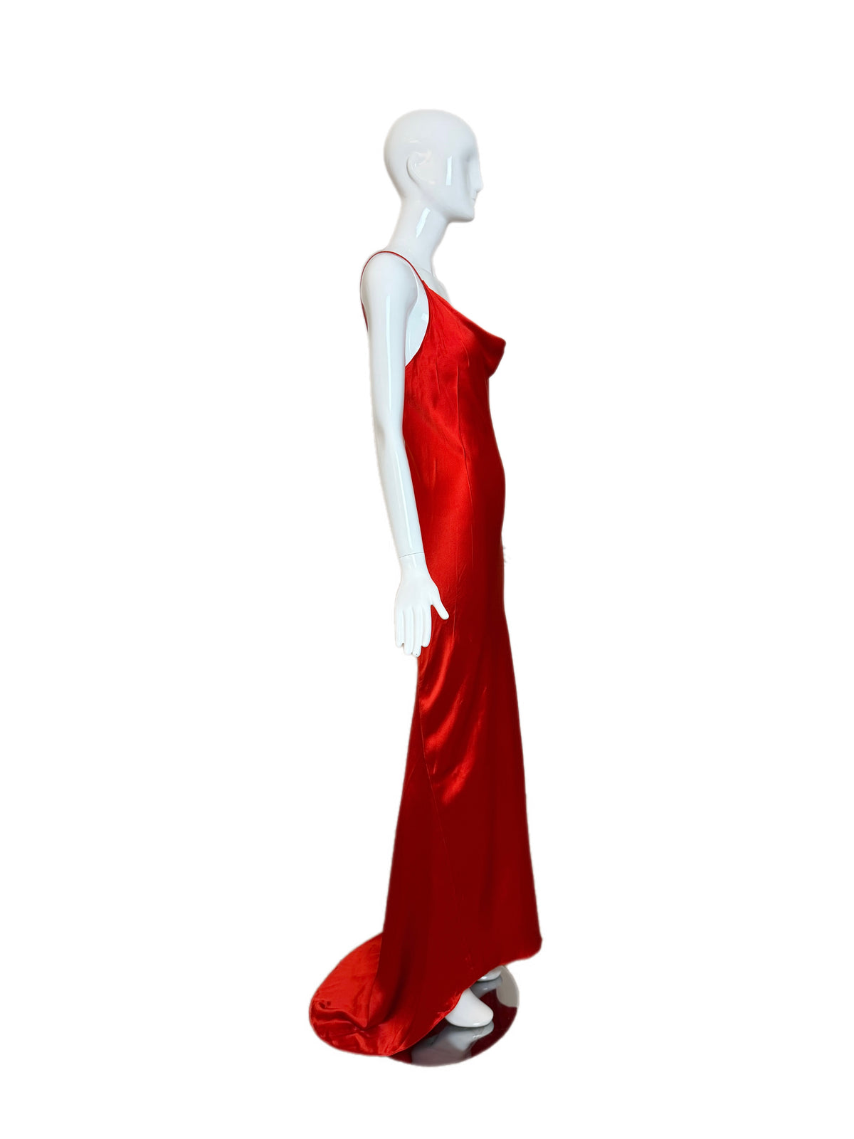 DONNA KARAN 90's Vintage Red Satin Cowl Neck Evening Gown w. Train