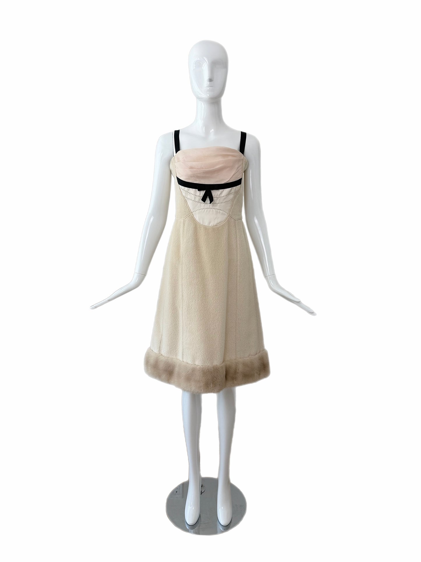 LOUIS VUITTON 2005 Vintage Mink Fur Trimmed Knee Length Dress