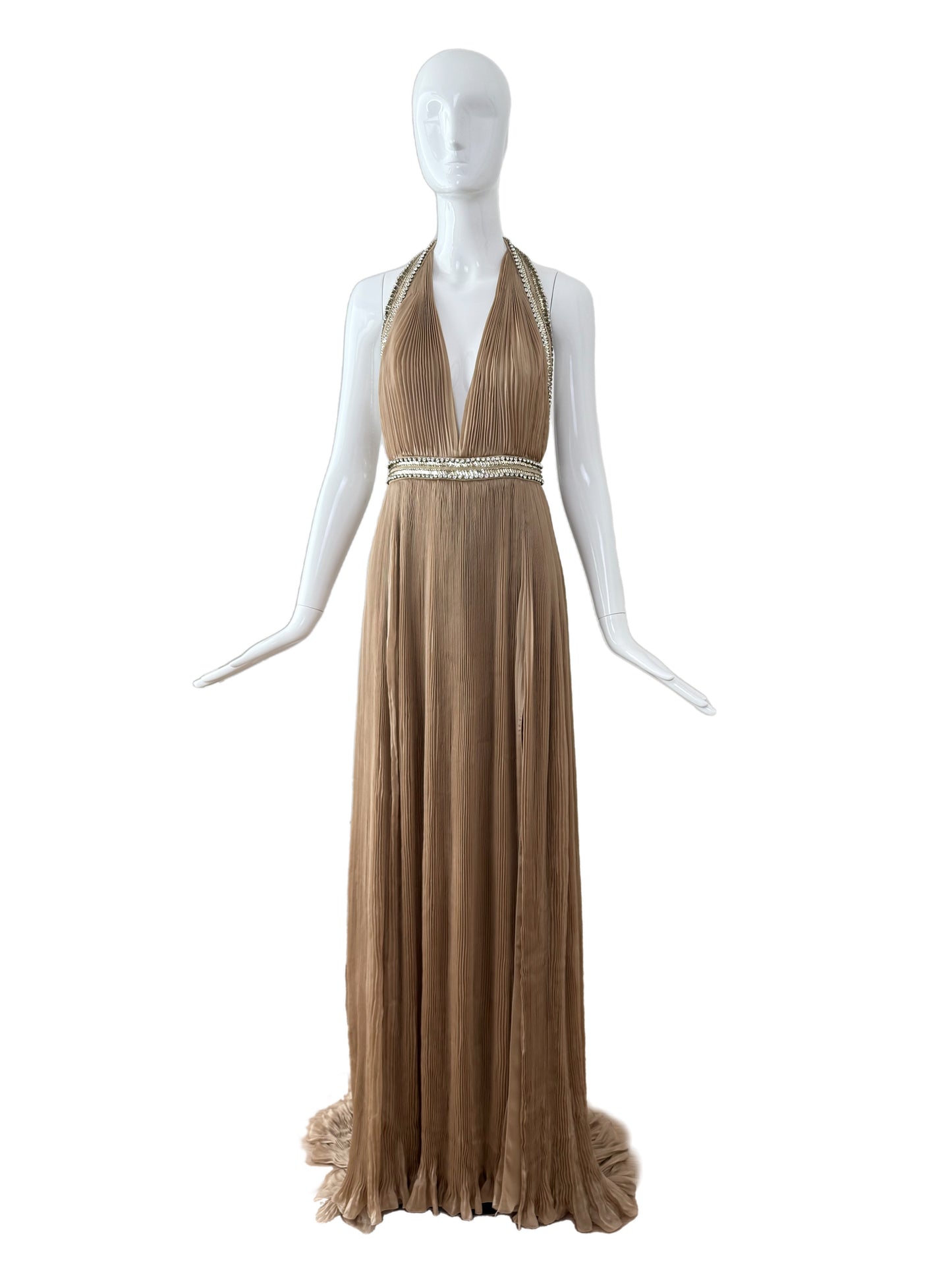 ROBERTO CAVALLI 2000's Vintage Taupe Plissé Grecian Embellished Evening Gown