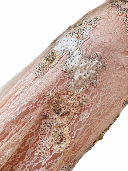 SUE WONG 2000's Vintage Peachy Pink Lace Embellished Maxi Dress