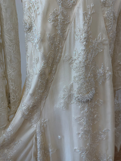 LES HABITUDES 90's Vintage Couture Vanilla Cream Beaded Silk Wedding Gown w. Shawl