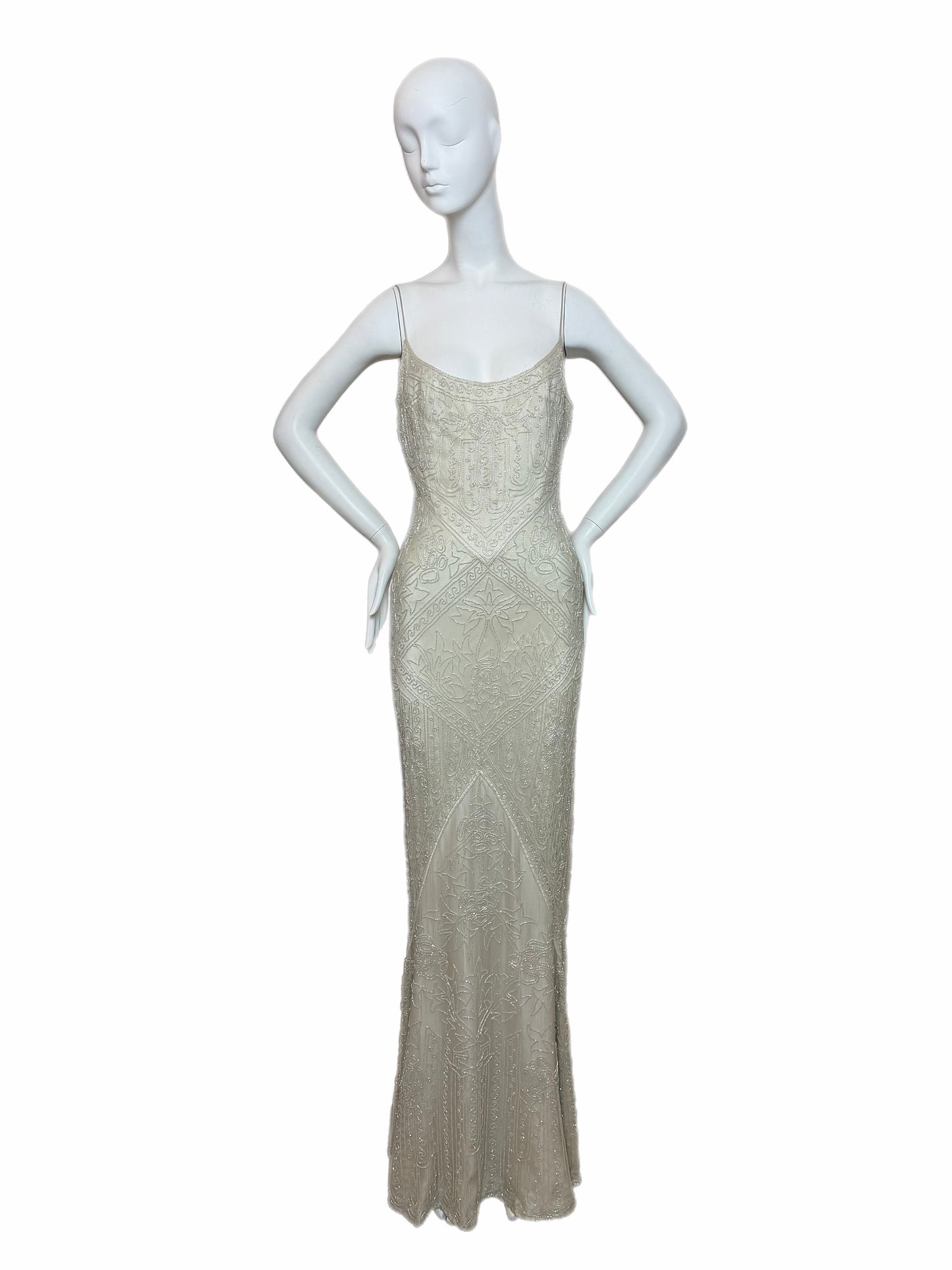 LES HABITUDES 90's Couture Vintage Iridescent Greige Silk Hand Beaded Bridal Gown