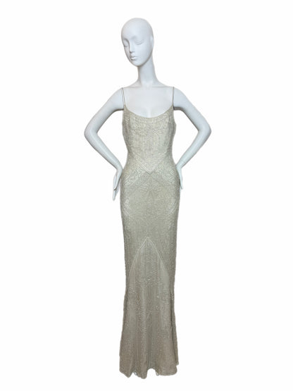 LES HABITUDES 90's Couture Vintage Iridescent Greige Silk Hand Beaded Bridal Gown
