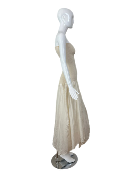 DONNA KARAN 90's Vintage Ivory Silk Smocked Long Strapless Dress