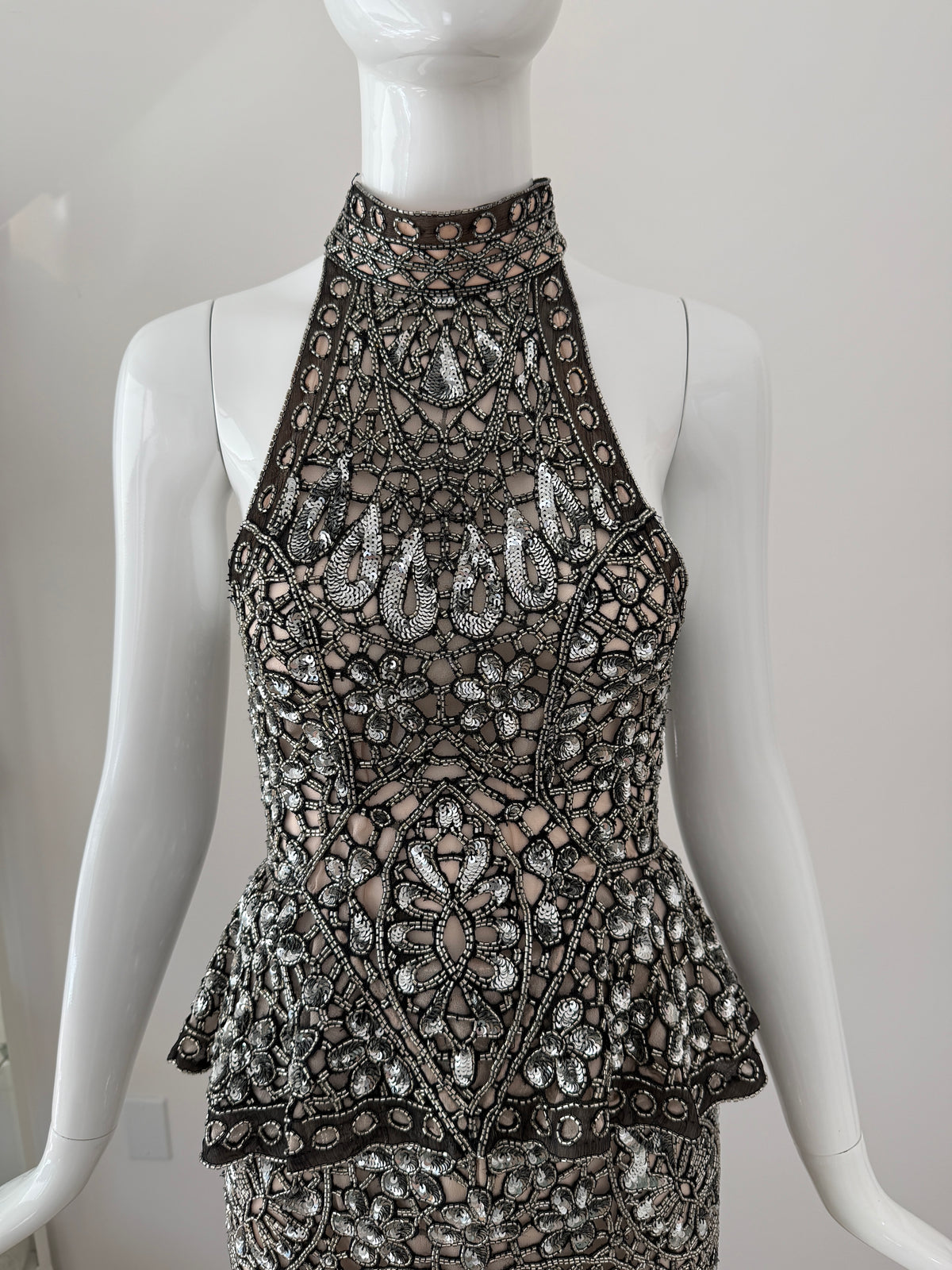 Eavis & Brown Vintage Hand-Beaded Silk Silver Embellished Skirt Set