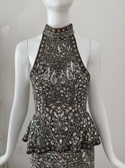 Eavis & Brown Vintage Hand-Beaded Silk Silver Embellished Skirt Set