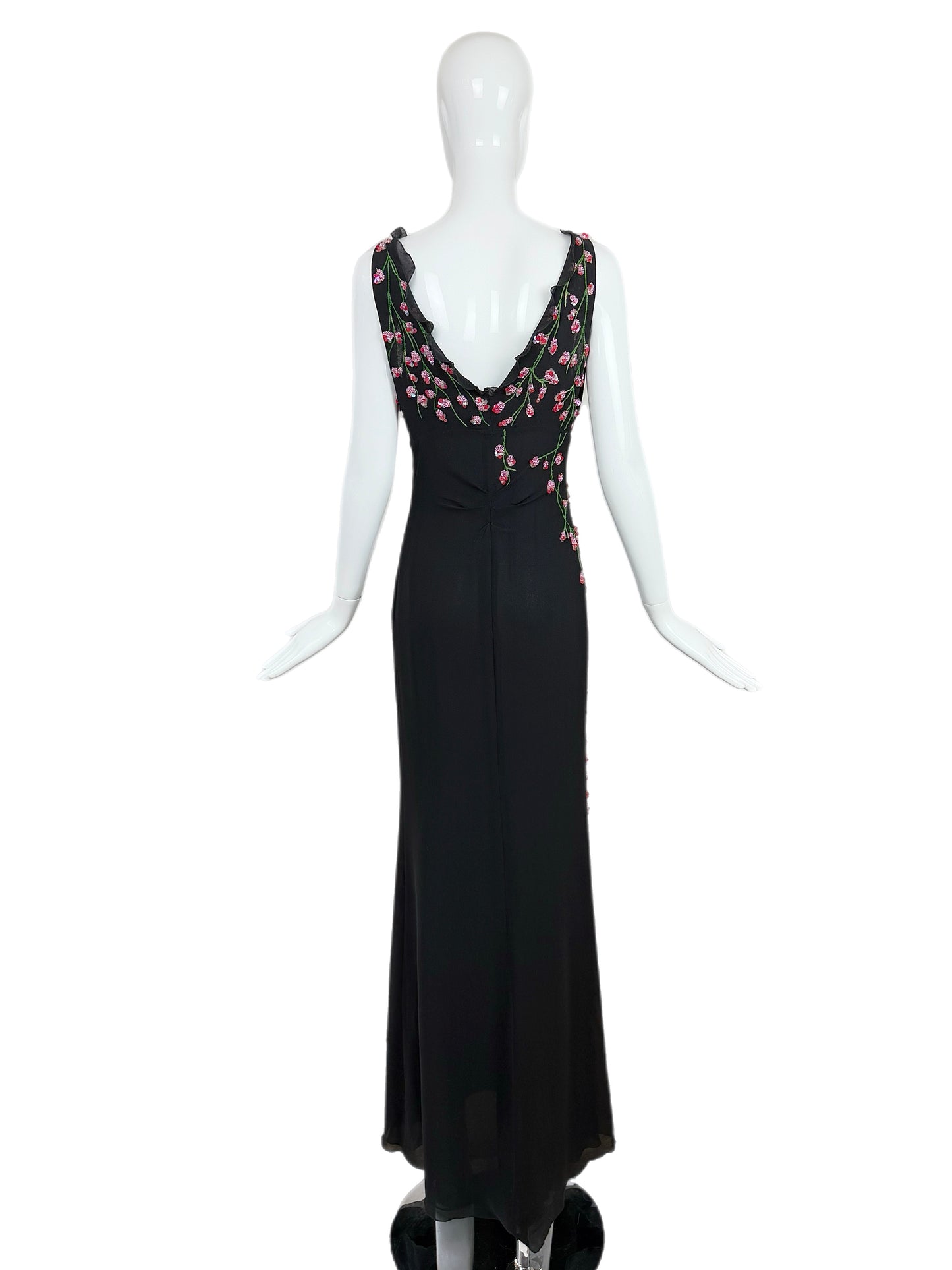 VALENTINO BOUTIQUE 90's Vintage Floral Beaded Black Silk Gown