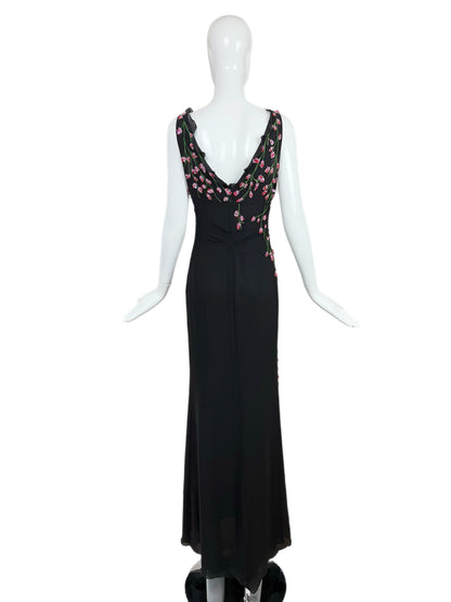 VALENTINO BOUTIQUE 90's Vintage Floral Beaded Black Silk Gown