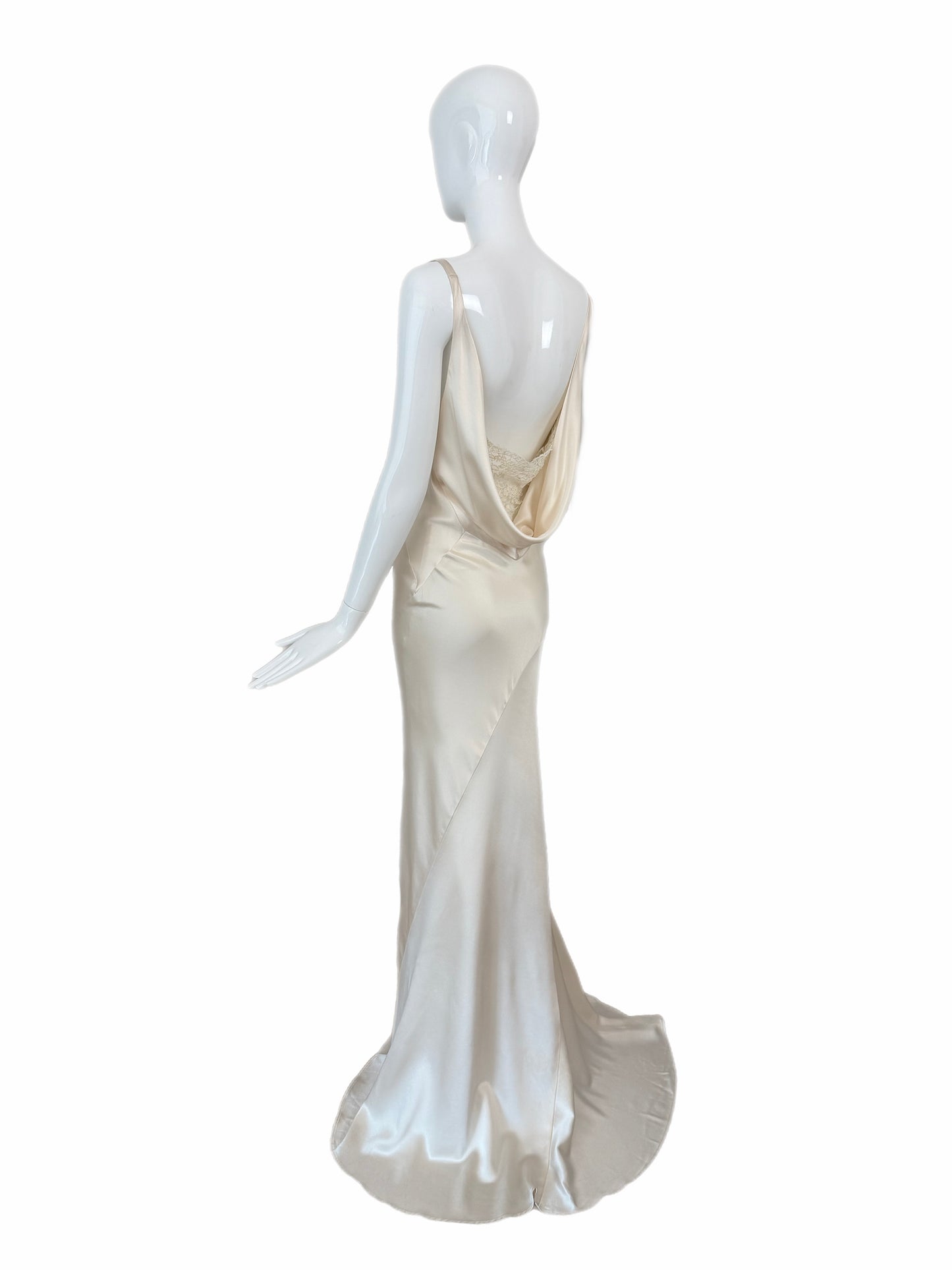 LES HABITUDES Vintage Ivory Silk Wedding Dress w. Open Cowl Lace Back