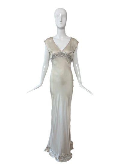 LES HABITUDES 90's Vintage Silver Grey Satin Floral Hand Beaded Gown