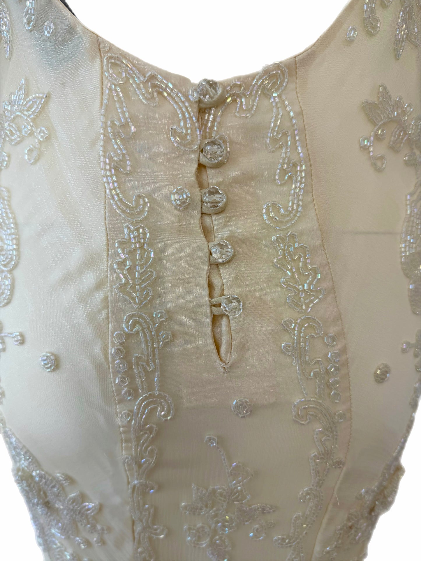 LES HABITUDES 90's Vintage Couture Vanilla Cream Beaded Silk Wedding Gown w. Shawl