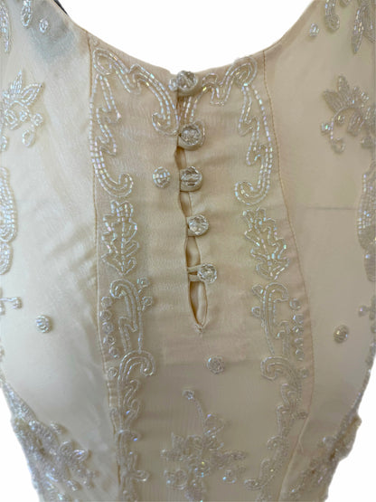 LES HABITUDES 90's Vintage Couture Vanilla Cream Beaded Silk Wedding Gown w. Shawl