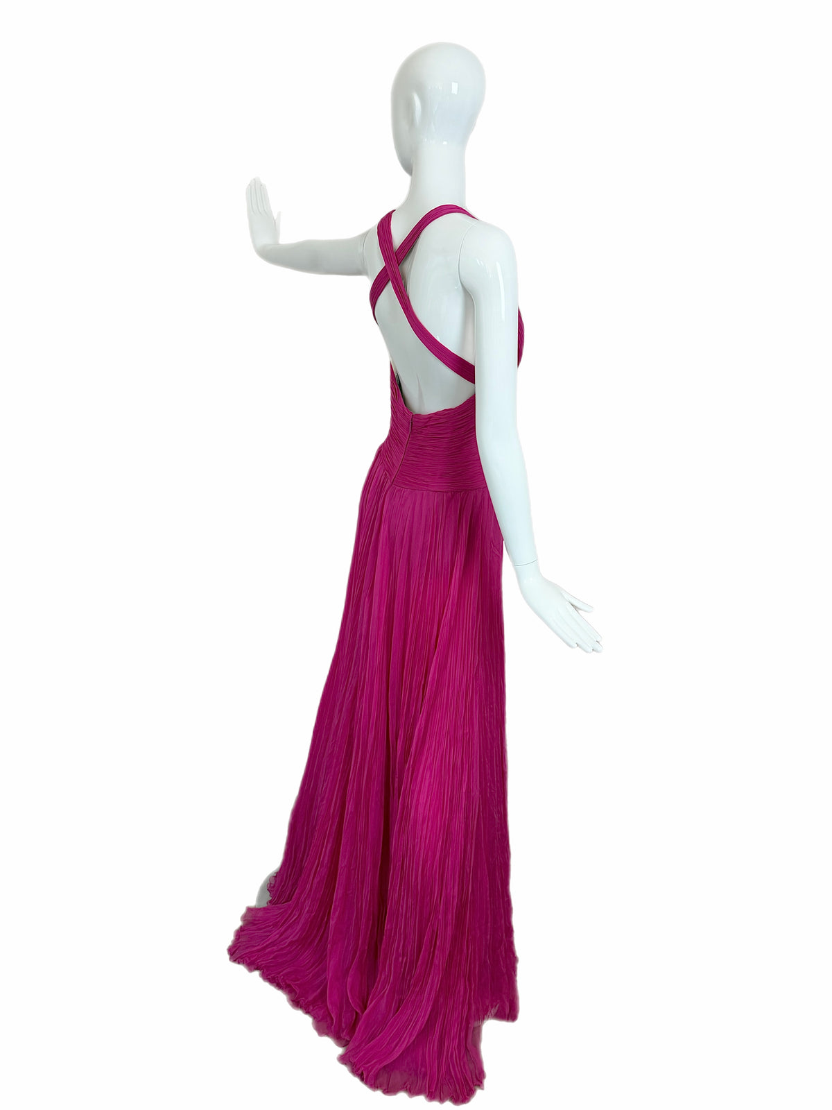 ROBERTO CAVALLI Hot Pink Fuschia Silk Plisse Pleated Plunge Neckline Evening Gown