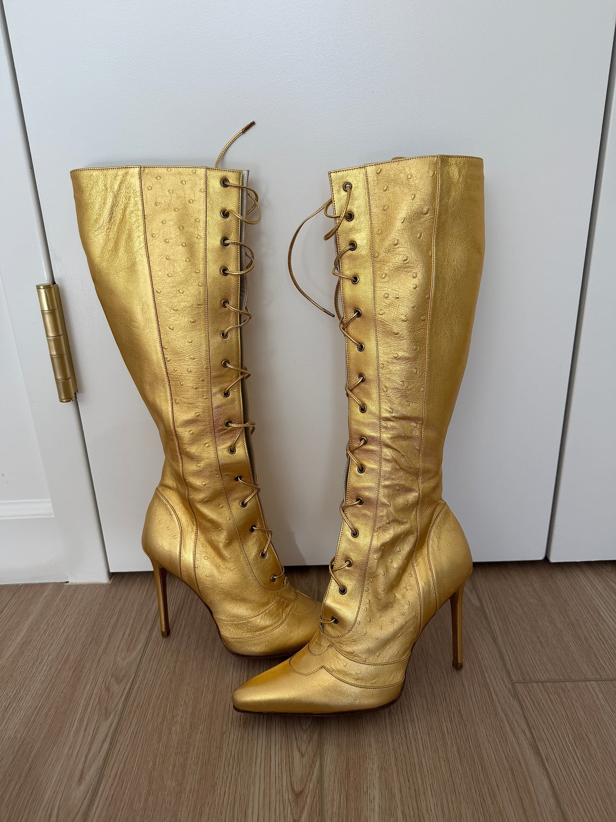 DIOR by JOHN GALLIANO 2000 Vintage Gold Leather Embossed Ostrich Print Lace Up Boots