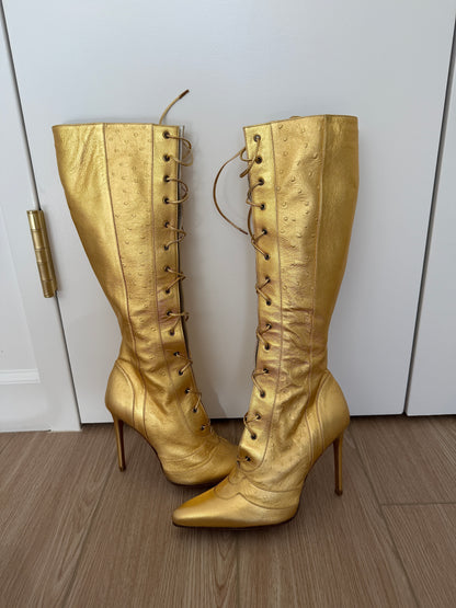 DIOR by JOHN GALLIANO 2000 Vintage Gold Leather Embossed Ostrich Print Lace Up Boots