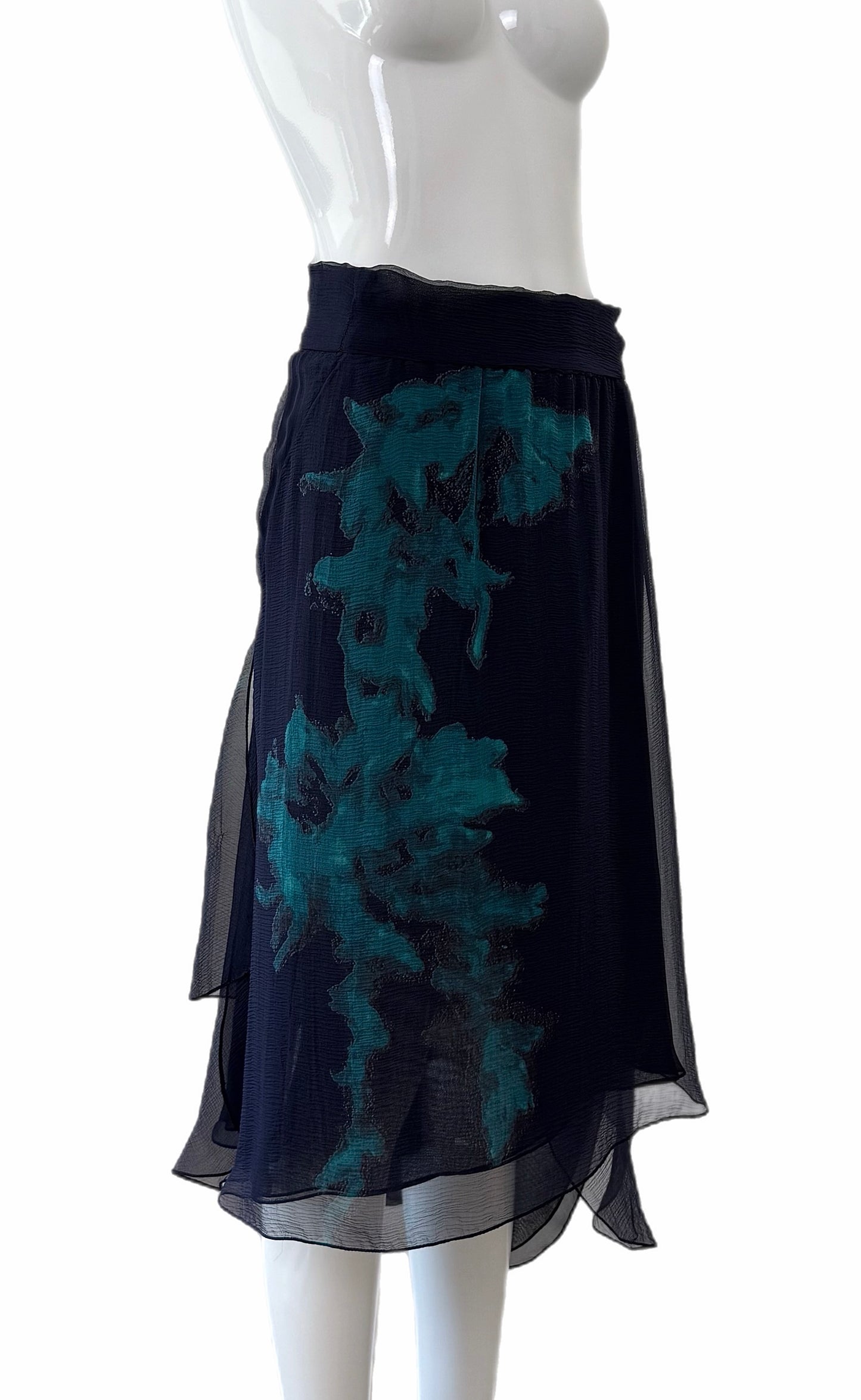 DONNA KARAN 2000 Vintage Blue Silk Runway Print Skirt