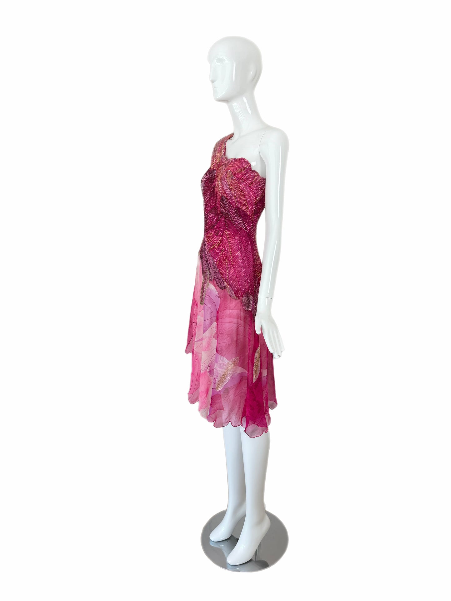 HANAE MORI Vintage Silk Hand Beaded One Shoulder Vibrant Cocktail Dress