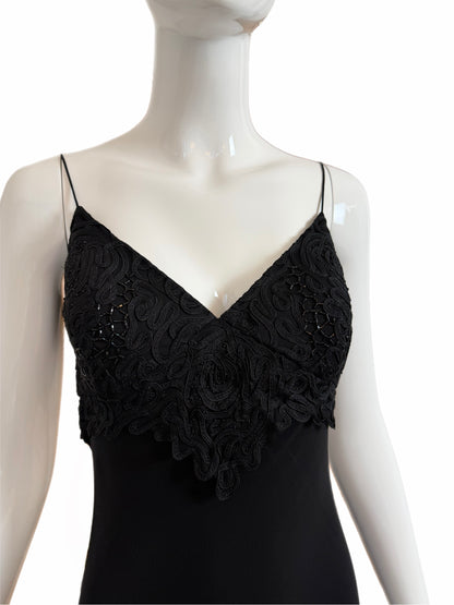 SUE WONG 00's Vintage Silk Black Beaded Evening Gown w. Train