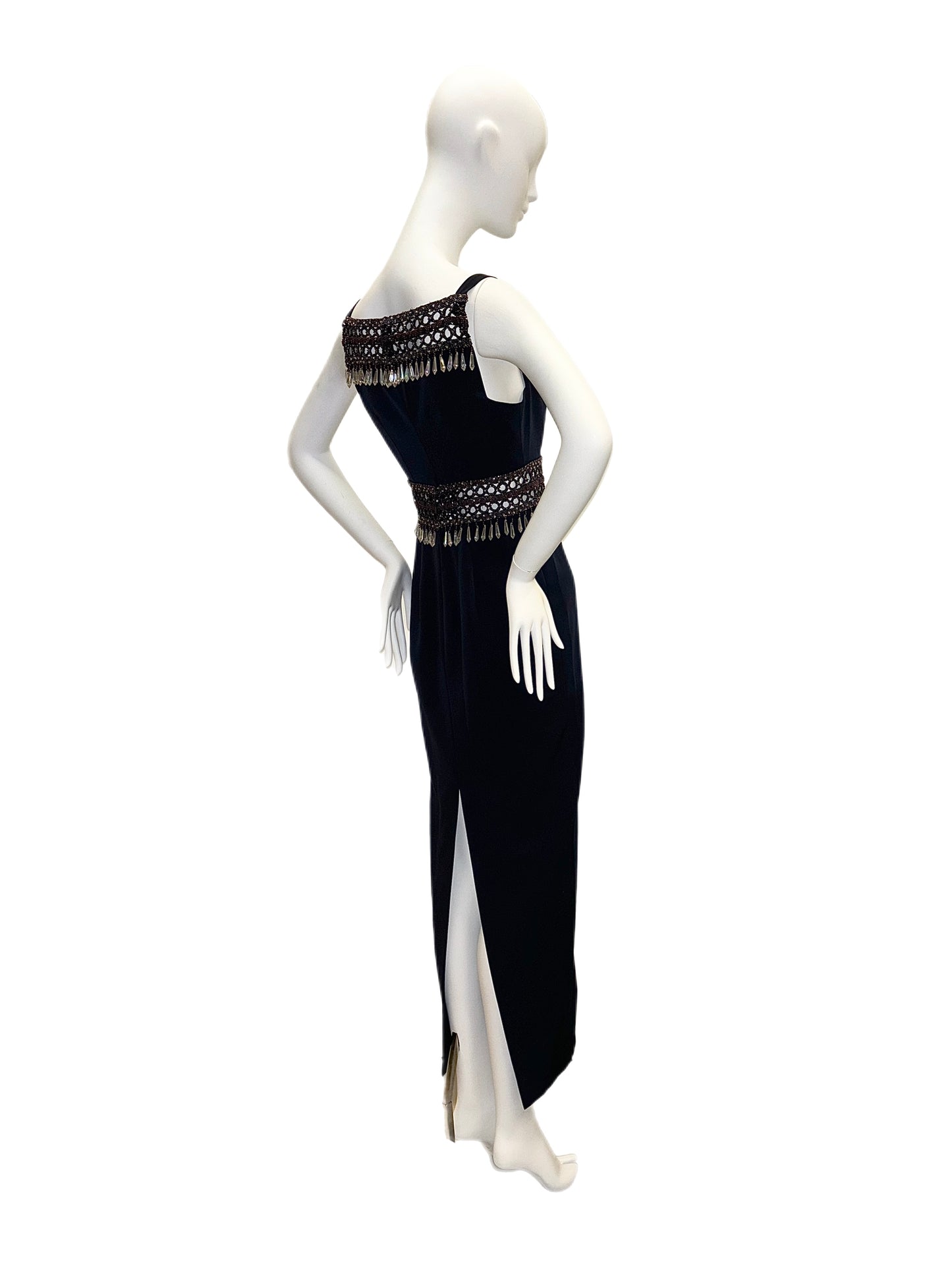 navy blue beaded embellished vintage Nina Ricci evening gown maxi dress