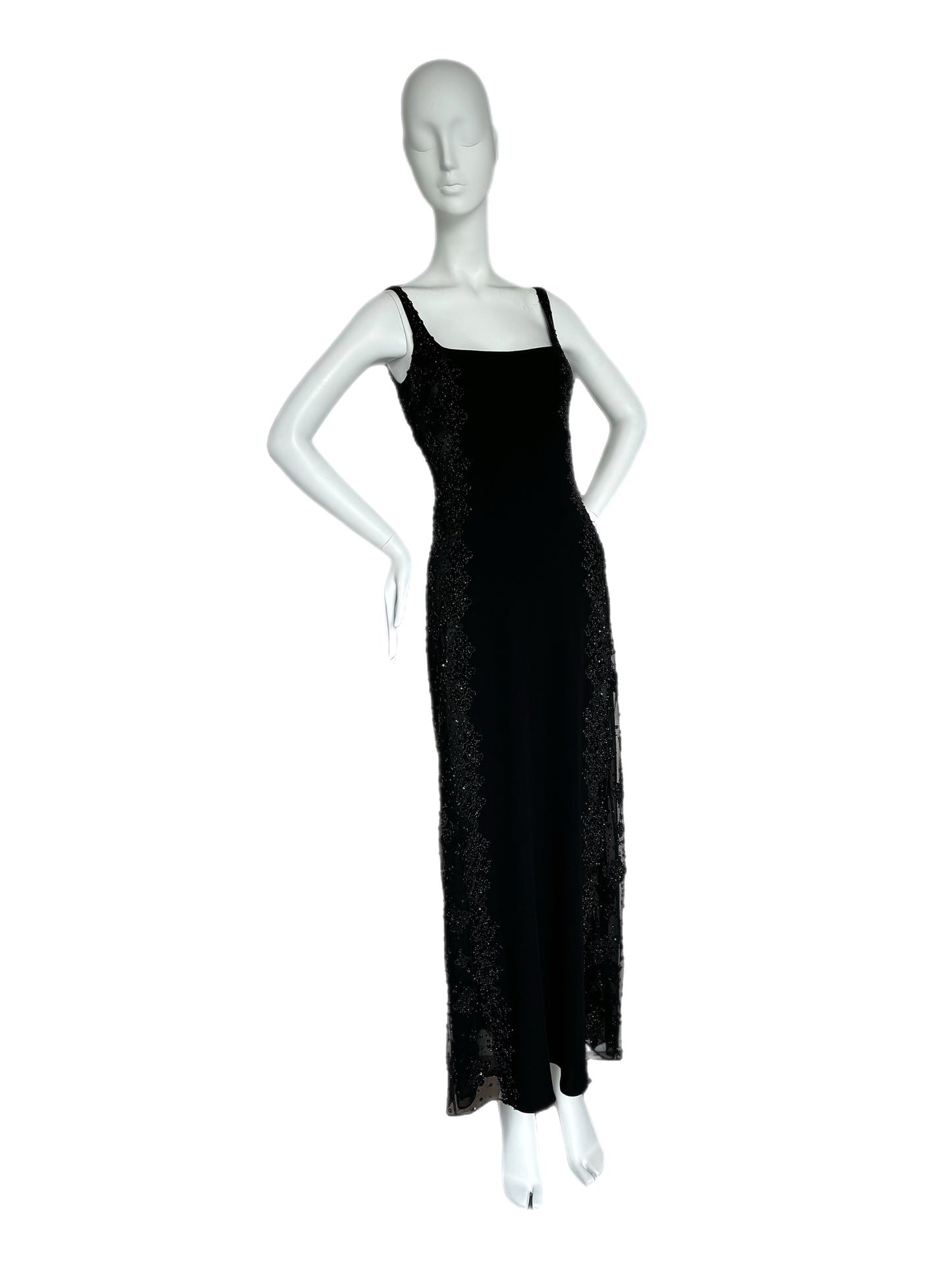 BADGLEY MISCHKA 90's Vintage Semi-Sheer Beaded Evening Gown