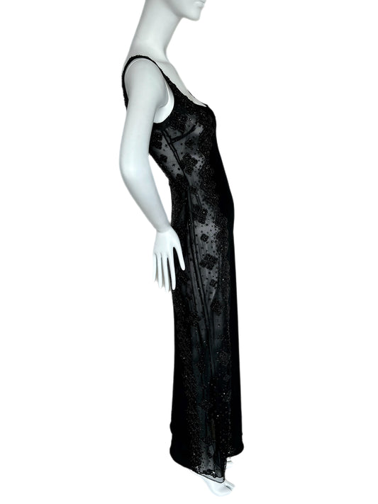 BADGLEY MISCHKA 90's Vintage Semi-Sheer Beaded Evening Gown