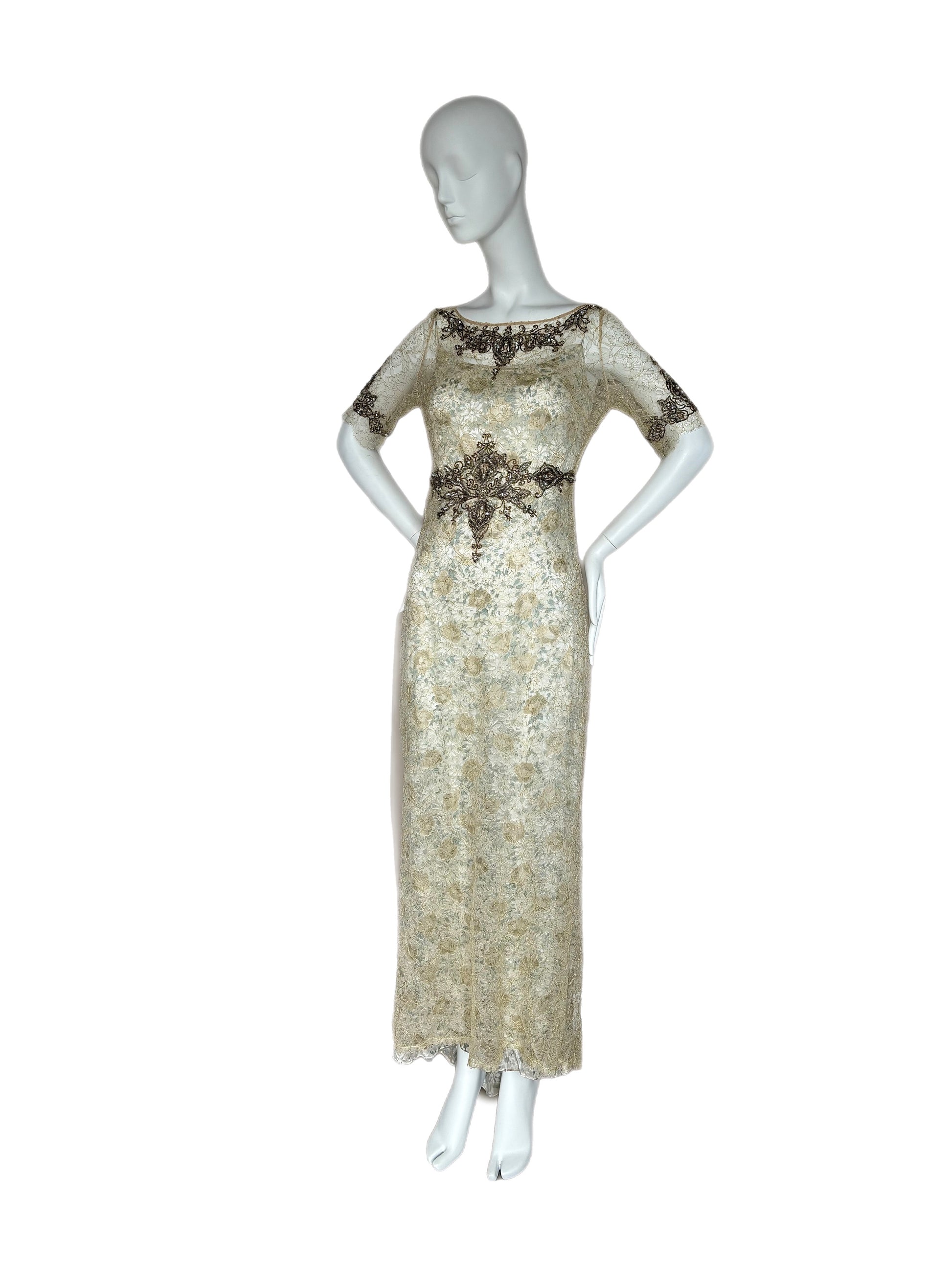 BADGLEY MISCHKA Vintage Slip Gown w. Delicate Lace Embellished Overlay Jellybean Vintage BADGLEY MISCHKA Vintage Slip Gown w. Delicate Lace Embellished Overlay Jellybean Vintage